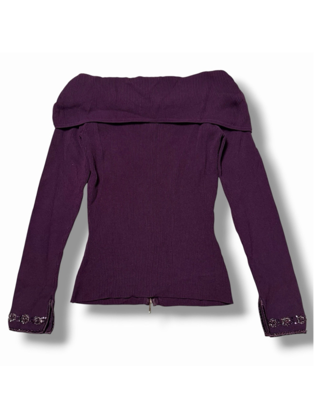 Cache Y2K 90s Purple M Gabrielle Solis Off Shoulder Beaded Zip Up Sweater Ribbed - Picture 9 of 16